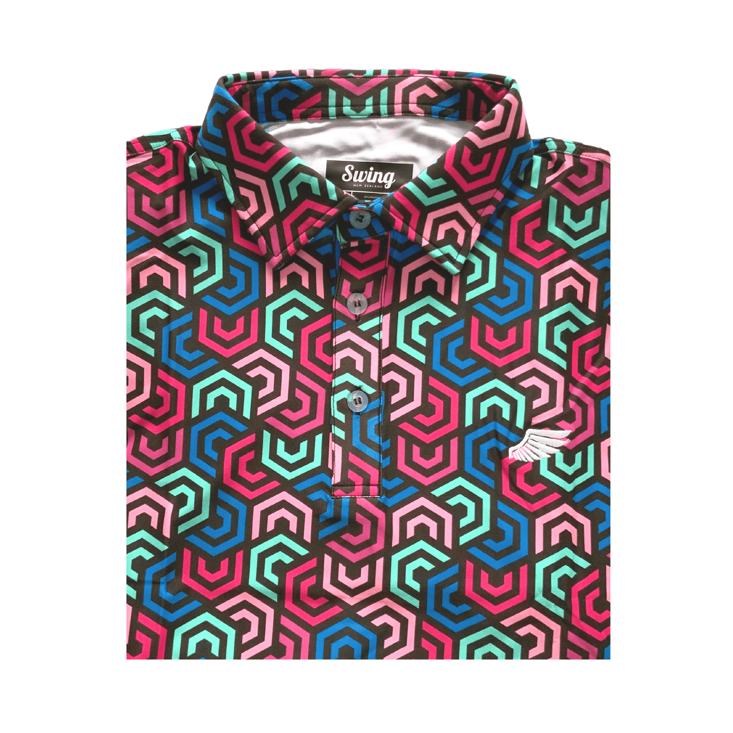 Lie Flat of Geometric Swirl Swing Golf Polo