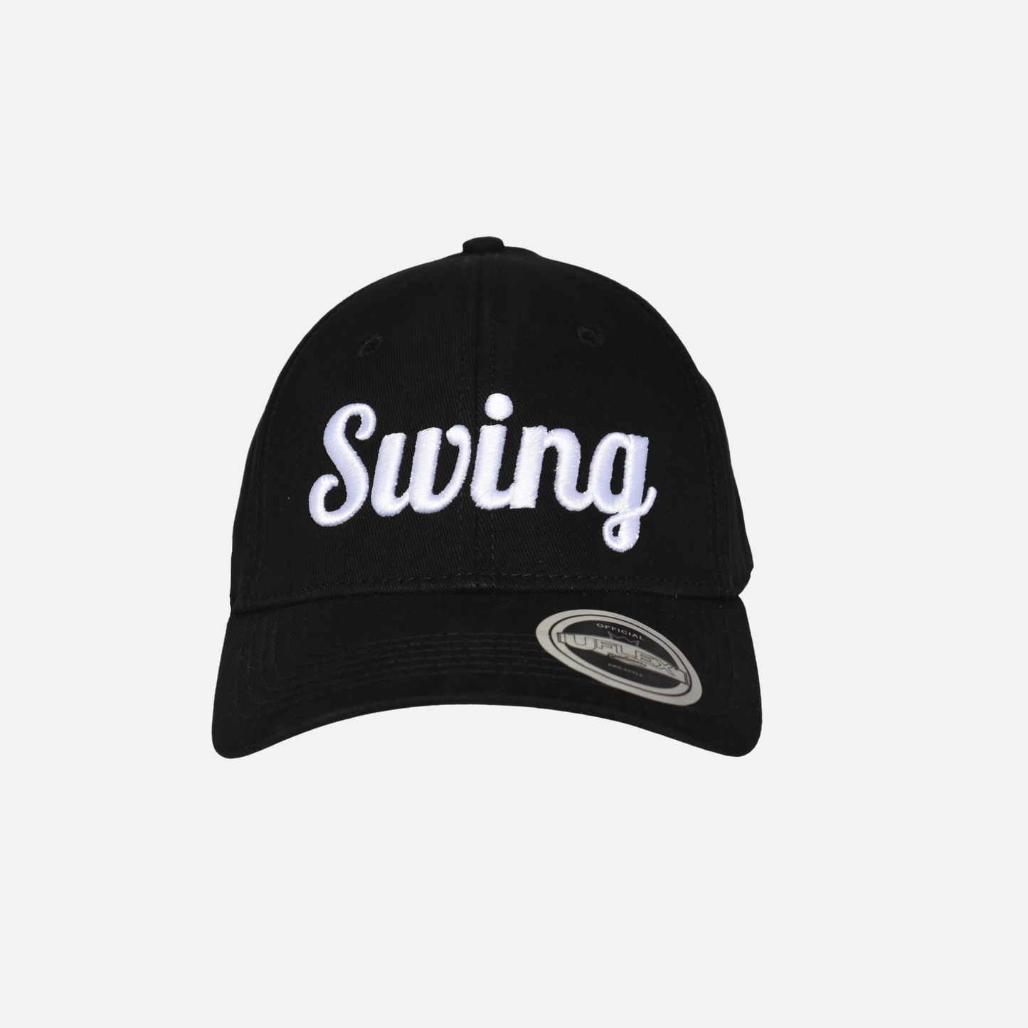 Front close up of Swing Golf Apparel Black pro fitted cap with Puff Embroidery