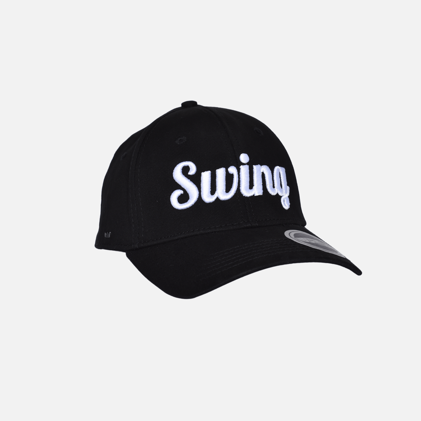 Side close up of Swing Golf Apparel Black pro fitted cap with Puff Embroidery