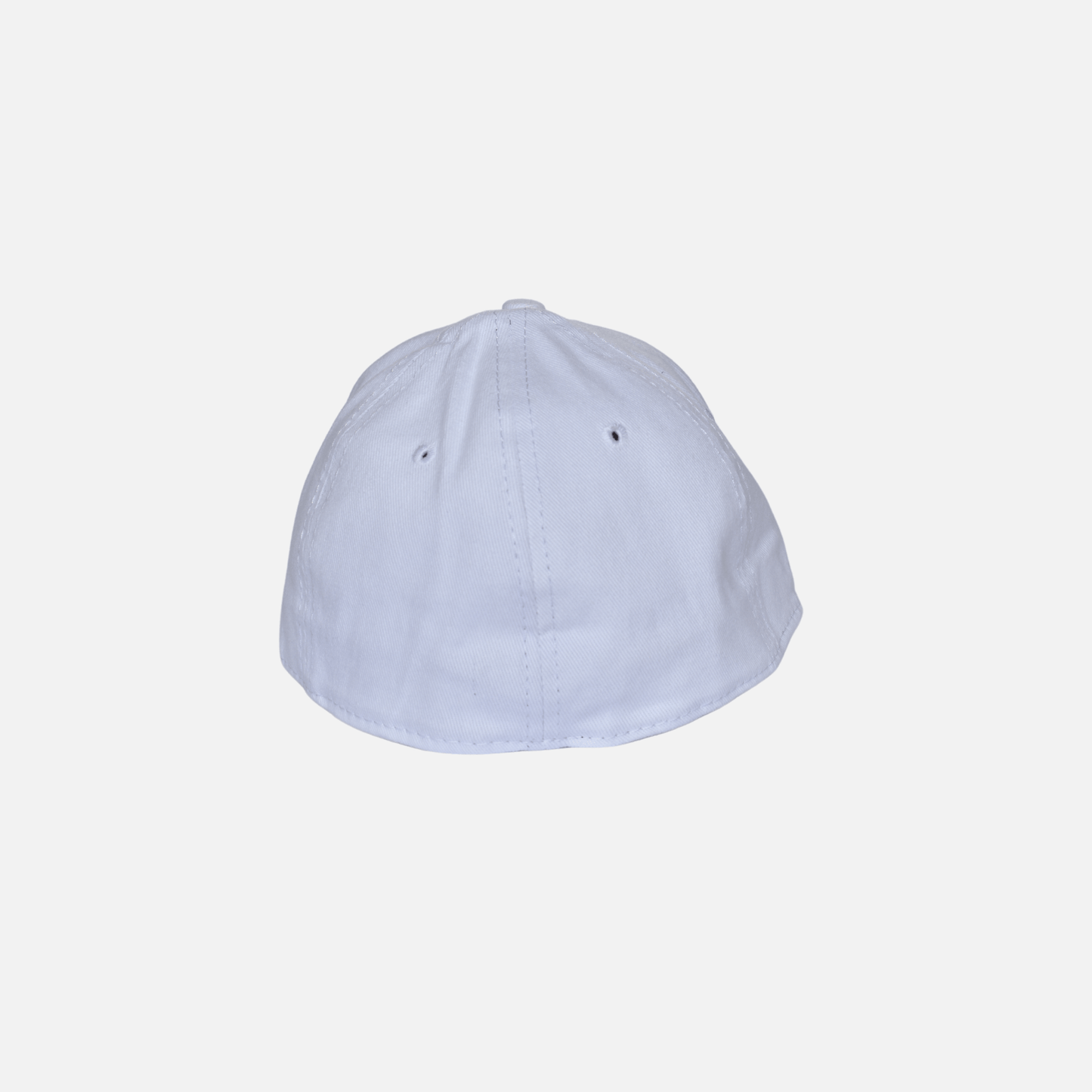 Back close up of Swing Golf Apparel White pro fitted cap with Puff Embroidery