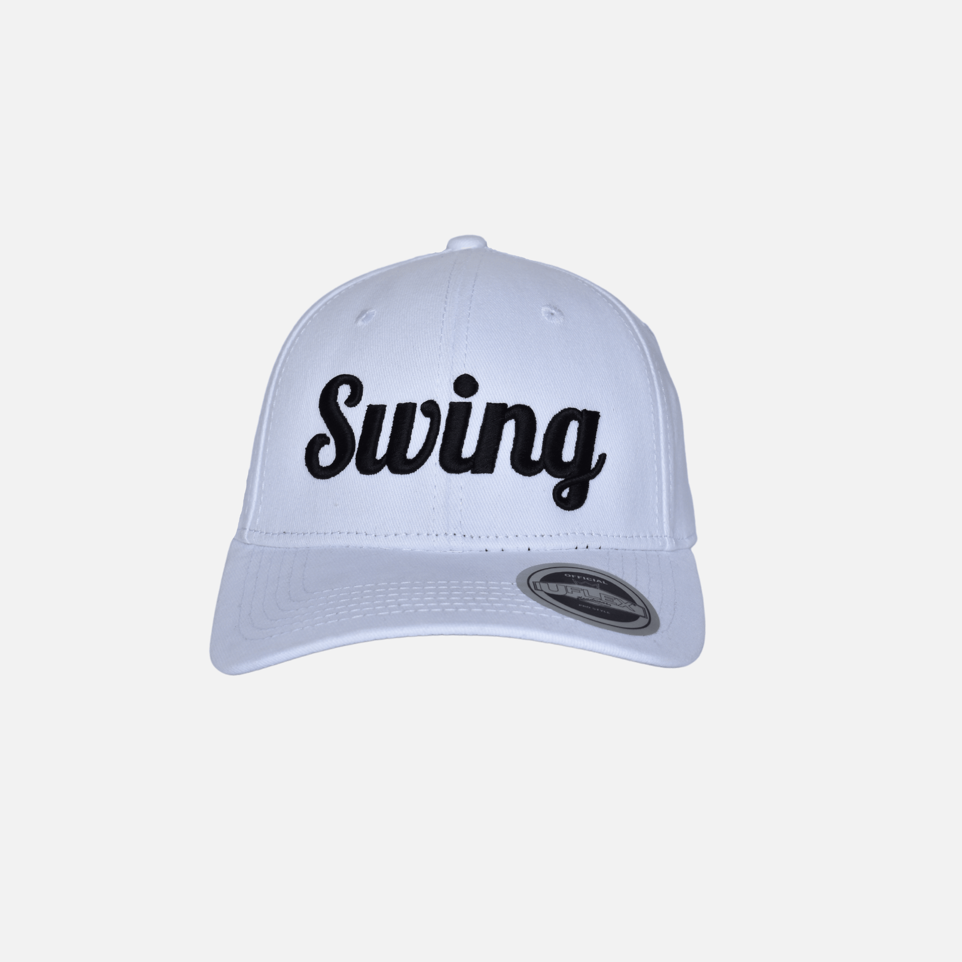 Front close up of Swing Golf Apparel White pro fitted cap with Puff Embroidery