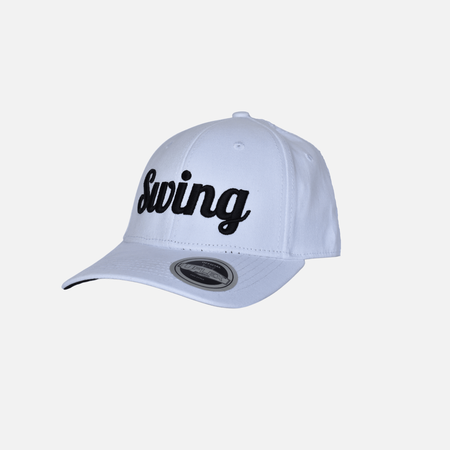 Side close up of Swing Golf Apparel White pro fitted cap with Puff Embroidery