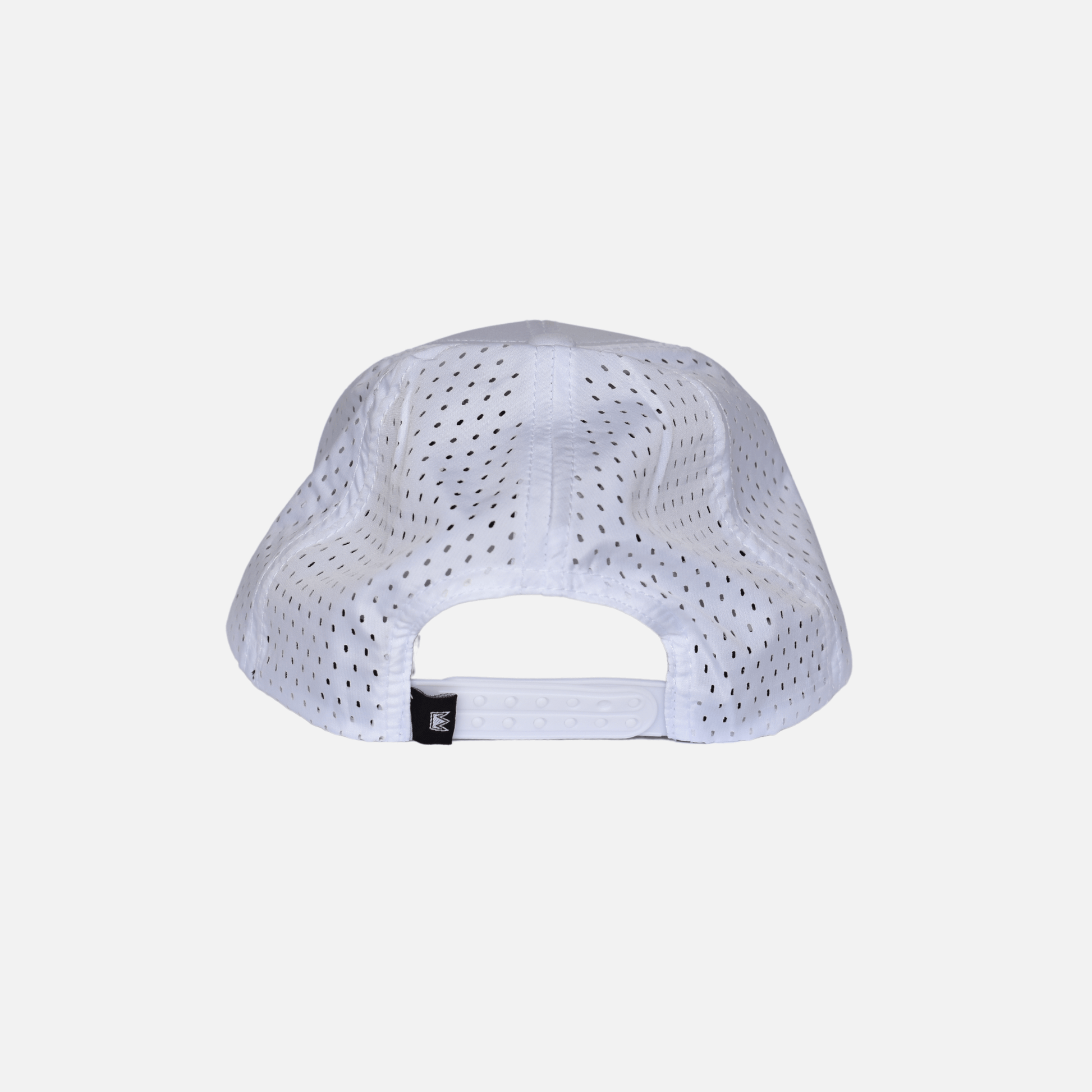 Back close up of Swing Golf Apparel White High Tech Snapback Hat with Puff Embroidery