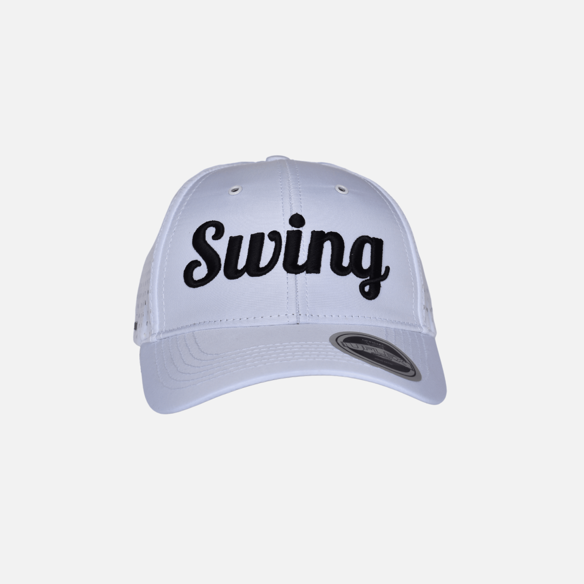 Front close up of Swing Golf Apparel White High Tech Snapback Hat with Puff Embroidery