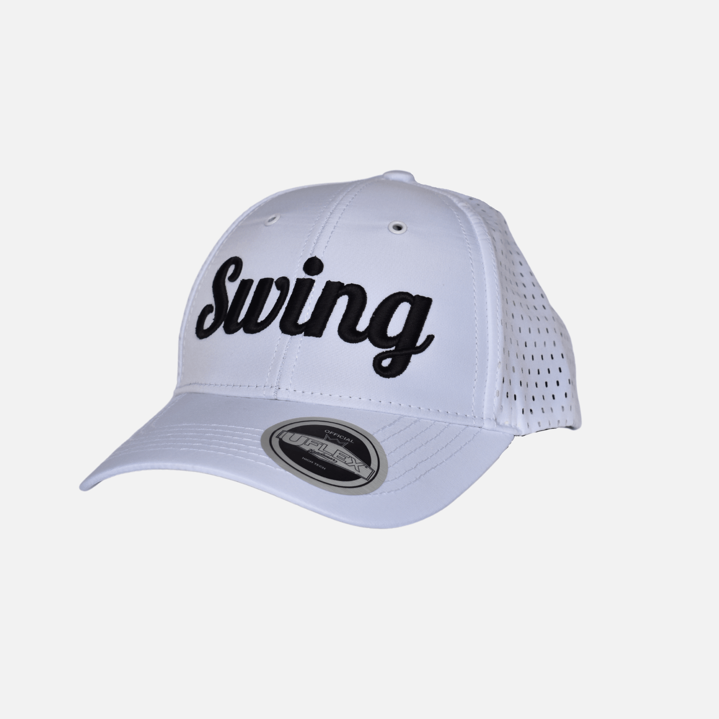 Side close up of Swing Golf Apparel White High Tech Snapback Hat with Puff Embroidery